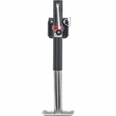 Trailer jack without wheels for lifting and supporting trailer tongues during coupling or storage. Features a sidewind handle, weld-on mounting, round foot plate base, 3000 lb static load capacity, and 20.8 in maximum lift height.