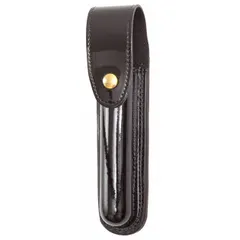 This duty equipment pouch is constructed from black synthetic polymer with a high-gloss finish. It features a snap closure for secure retention of a standard flashlight. Typical applications include law enforcement, security, and industrial settings where quick access to a flashlight is needed.