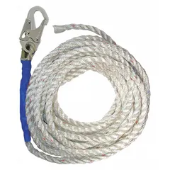 Polyester rope lifeline with steel snap hook and taped end. Rated for 310 lb capacity, supporting one worker per system. Designed for use with fall arresters and rope grabs in vertical fall protection applications.
