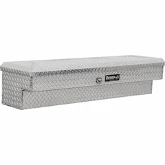 This side-mount truck box is constructed of aluminum with a silver finish. It features a push-button latch for secure access. With an overall height of 13 inches and width of 56 inches, it provides organized storage for tools and equipment on pickup trucks.