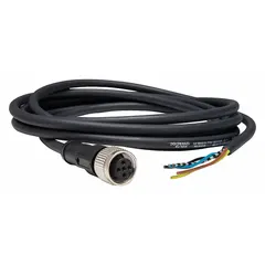 Single-ended cordset with black PUR jacket for twisting applications. Features M12 female straight connector on one end and bare wire on the other. 5 pins, 18 AWG wire, 2 m cable length. Rated IP67, max current 3 A. Suitable for connecting sensors or actuators in industrial automation where resistance to twisting and flexing is required.