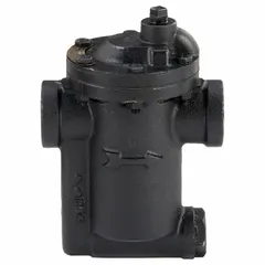 Cast iron inverted-bucket steam trap with 1 in FNPT connection, rated for 950 lb/hr condensate capacity at 125 psi maximum pressure and 450°F maximum temperature. In-line configuration for horizontal installation; includes built-in strainer. Used in steam distribution systems for condensate removal.