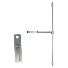 Surface vertical rod exit device with touchbar and thumbpiece pull, constructed of aluminum. Designed for commercial doors up to 4 ft wide, providing egress actuation by releasing vertical rods. Suitable for applications requiring push-pad operation and surface-mounted vertical rod latching.