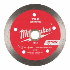 This diamond saw blade is designed for cutting tile, granite, and marble on angle grinders. It features a 4-1/2 in blade diameter and a 5/8 in to 7/8 in arbor size. Suitable for both wet and dry operation, it is commonly used in masonry, renovation, and stone fabrication applications.