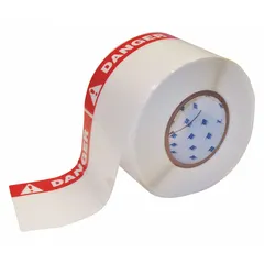 White polyester DANGER header label roll, 4 in x 6 in, for indoor/outdoor use. Rubber adhesive, halogen-free. Compatible with THT printer series. Used for industrial safety identification on equipment, pipes, or areas requiring a DANGER warning.