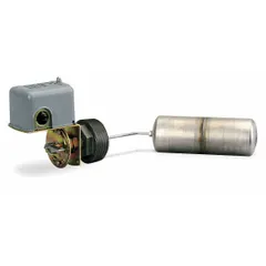 Side-mounted float switch for liquid level detection in industrial tanks and vessels. Features a 90° float rod angle and screw clamp electrical connections. Requires a minimum media specific gravity of 0.85 for operation. Suitable for high-level alarm or pump control applications.
