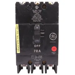 The GE TEYF370 is a 70 A molded case circuit breaker from the TEY series, designed for overcurrent protection in electrical distribution systems. It features a fixed instantaneous trip, lug terminal connection, and ABC phase connection. With a maximum AIR rating of 18kA at 277/480V AC, it is suitable for use in panelboards, switchboards, and motor control centers.