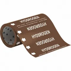 Brown adhesive pipe markers with white legend text reading 'Hydrogen' and directional arrows. Each roll contains 30 markers designed for pipe outer diameters of 2 inches and smaller. Used for identifying hydrogen piping in industrial facilities to support safety and compliance with pipe-marking standards.
