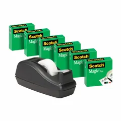 Manual tape dispenser made of cellulose acetate in black. Designed for use with standard office tape rolls. Suitable for light-duty packaging, sealing, and general office tasks. Sold in a pack of 6.