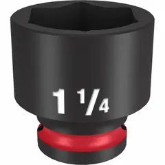 This MILWAUKEE impact socket features a 1/2" drive, SAE 1-1/4" socket size, and 6-point configuration. Designed for use with impact tools, it is suited for fastening and loosening hex fasteners in automotive, construction, and industrial applications.