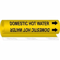 Yellow wrap-around pipe marker with black legend reading 'Domestic Hot Water' and directional arrows. Fits pipe outer diameters from 1/2 to 1-3/8 inches. Used to identify domestic hot water piping in facilities for safety and compliance with pipe-marking standards.