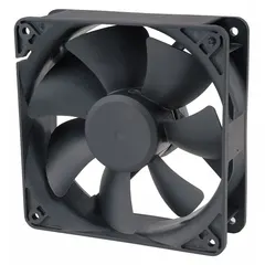 Square axial fan with polybutylene terephthalate blade and housing, rated IP55 for wet locations. Delivers 80 to 105 cfm airflow at 0.000 in static pressure. Measures 4 11/16 in height by 1 in depth. Terminated with lead wires. Suitable for ventilation in areas exposed to water spray or moisture.