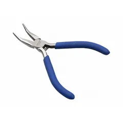 Bent needle-nose pliers with serrated jaws for secure gripping. Overall length 4-3/8 in, jaw length 1-1/8 in, max jaw opening 2 in. Suitable for precision work in confined spaces, such as electronics assembly and repair.