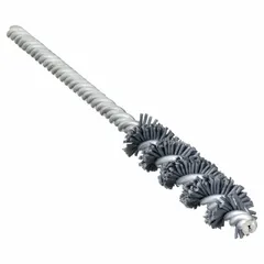 This heavy-deburring brush is designed for cleaning and deburring tubes and bores. It features a 3/8 in diameter, nylon fill with 0.022 in fill diameter, and a 5/32 in stem diameter. Suitable for industrial maintenance and fabrication applications on all metals.