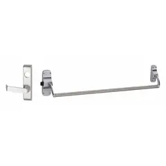 Rim-type exit device with crossbar push bar and lever outside trim. Suitable for doors up to 44 inches wide. Chrome finish (US26D). ADA compliant for accessible egress in commercial buildings.