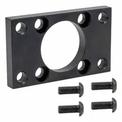 Steel rectangular flange for mounting pneumatic or hydraulic cylinders. Designed to fit 4-inch bore diameter cylinders. Used to secure and align cylinders in industrial machinery and automation systems.