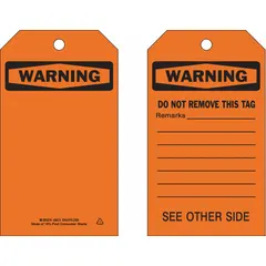 Orange warning tags with black print, each featuring a cable tie fastener for attachment. Supplied in a pack of 10, these tags are used to identify hazards or warnings in industrial environments, such as on equipment, pipes, or areas requiring caution.