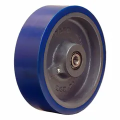 This HAMILTON caster wheel features a 10-inch diameter, 3-inch wide polyurethane tread bonded to a steel core, rated for 2,400 lb. The Ergo-Glide tread shape and blue color suit material handling applications such as industrial carts, tow lines, and heavy-duty equipment in warehouses and factories.