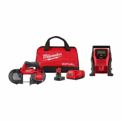 This kit includes a 12V cordless inflator and a 12V cordless portable band saw, both powered by the included battery. The inflator is suited for inflating tires and small inflatables, while the band saw handles cutting tasks such as metal or pipe. The compact, cordless design allows use in automotive, construction, and maintenance settings where mobility is needed.