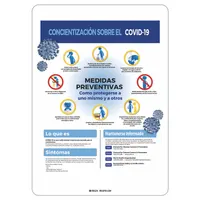 This 14 in x 10 in aluminum sign features a white background and displays COVID-19 preventative measures in Spanish. Suitable for indoor or outdoor use in facilities to communicate health guidelines