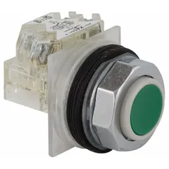 This metallic extended-profile push button from the 9001K series is a non-illuminated, momentary-action operator with a 30 mm mounting and SPDT contact configuration. It is used for start/stop, jog, or test functions in industrial machinery and panel applications.
