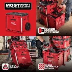 Polypropylene rolling tool box in black/red. Measures 24 in wide by 20 in high by 19 in deep. Designed for transporting and organizing tools on job sites, integrates with modular storage systems.