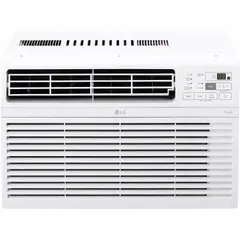 This LG window air conditioner provides 8,000 BtuH cooling capacity for residential spaces. It operates on 115V AC with a NEMA 5-15P plug and has a CEER rating of 11.4. The unit includes Wi-Fi connectivity for remote control and monitoring. Typical applications include cooling bedrooms, living rooms, or small offices.