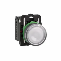 Momentary illuminated push button with flush profile, non-metallic construction, 22 mm mounting hole, and 1NO/1NC contact configuration. Suitable for control panels and automation systems requiring corrosion resistance and operator safety.