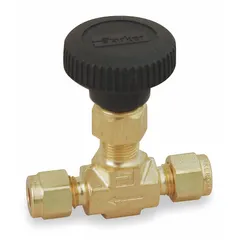 Brass straight-body needle valve with integral bonnet and regulating stem. Compression x compression connections, 1/8 in pipe size. Designed for water media, compliant with ISA S75.02. Suitable for precise flow control in hydraulic and pneumatic systems.