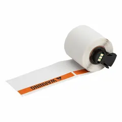 Vinyl precut label roll in black, orange, and white, supplied in two sizes: 1 29/32 in x 4 in and 4 in x 1 29/32 in. Features an acrylic adhesive. Compatible with M710 printer series when used with a Media Adapter. Used for industrial safety and hazard identification on equipment, pipes, and facility signage.
