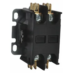 This non-reversing definite purpose contactor is designed for HVACR applications such as switching compressors, fans, and pumps. It features a 2-pole, 2NO contact form, 25 A rating, 120V AC coil voltage, and a maximum voltage rating of 600V AC. The unit mounts through a panel and uses screw terminals for connection.