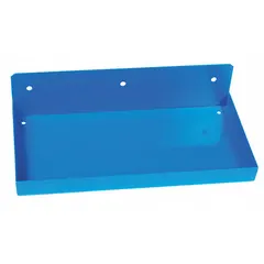 This blue epoxy-coated steel shelf is designed for use with round-hole pegboard systems. Constructed from 18 gauge steel, it provides a sturdy surface for organizing tools, parts, or small items in workshops and storage areas.