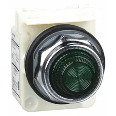Green incandescent pilot light from the SCHNEIDER 9001K Series. 30 mm panel-mounting size. No push-to-test feature. Used as a visual status indicator on industrial control panels for signaling conditions such as power-on or machine running.