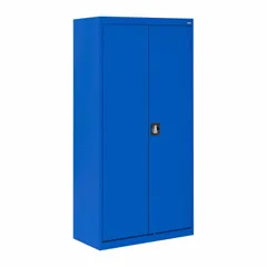 Industrial combination cabinet with a blue frame, measuring 36 x 18 x 72 inches. Includes four shelves (three adjustable, one fixed), a wardrobe section with hanging rods, a recessed handle, and a three-point locking system. Suitable for organizing tools and garments in factories, warehouses, and workshops.