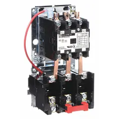Non-reversing magnetic motor starter with thermal overload protection for three-phase motors. Three-pole design rated for 30 A with a 120V AC coil. Requires three thermal units (not included) for overload protection. Suitable for controlling motors in industrial equipment such as conveyors, pumps, and fans.