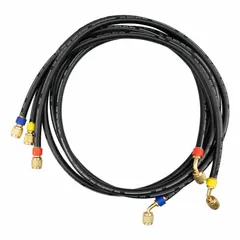 Charging hose set with three rubber hoses in black, blue, red, and yellow, each with 45° angled fittings and a ball valve. Used for connecting HVAC and refrigeration systems to manifolds for refrigerant recovery, evacuation, and charging.