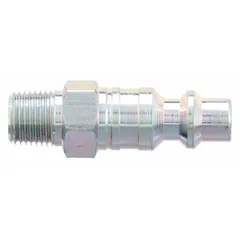 This steel quick-connect air coupling plug features a 1/8" male MNPT thread (1/8"-27) and a sleeve locking mechanism for secure connections. Designed for industrial interchange systems, it is commonly used in compressed air lines to connect pneumatic tools and equipment.