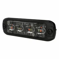 Rectangular LED perimeter warning light with amber, green, red, and white illumination. Operates on 12-24V and offers 22 selectable flash patterns. Rated SAE Class 1 for high visibility. Includes bolt-mount hardware and 22 AWG cable connection. Suitable for vehicle perimeter lighting applications