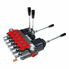 This manual spool monoblock valve features six spools in a tandem center configuration. It is a four-way, three-position directional control valve with spring return to neutral, suitable for controlling hydraulic flow in mobile and industrial equipment.