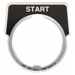 Half-round legend plate for 30 mm panel-mounting push-button stations. Black background with silver metallic aluminum construction and English 'Start' legend. Overall height 1 3/4 in, width 1 5/8 in. Used to label push buttons in industrial control stations.