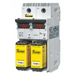 This BUSSMANN fuse block is a UL Class J finger-safe unit with 2 poles, rated for 600 V AC. It features DIN rail mounting and box lug termination. Designed for use in industrial control panels and branch-circuit protection, it provides secure mounting and connection for Class J fuses.