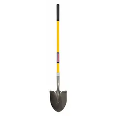 Round point shovel with a 14-gauge steel blade in gray and a yellow fiberglass straight handle. Designed for digging, trenching, and moving loose materials such as soil or gravel.