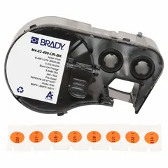 Combined Label and Ribbon Cartridge: Circle, 3/8 in, Cryogenic Autoclavable Nylon, Black on Orange (MPN M4-82-499-OR-BK). Key specifications — Vial/Tube Size: 0.5 to 1.5 mL; Printer Series Compatibility: BMP51; Label Shape: Circle.