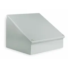 Steel console enclosure for housing electrical and electronic components in industrial environments. Measures 16 x 36 x 11 inches. NEMA 12/13 rated for protection against dust, falling dirt, and dripping non-corrosive liquids.
