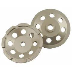 This single-row diamond cup grinding wheel is designed for heavy-duty surface grinding on concrete, stone, and masonry. It features a 7-inch diameter, 5/8-inch-11 arbor, and 12 segments with an X100 series bond for fast material removal and extended service life.
