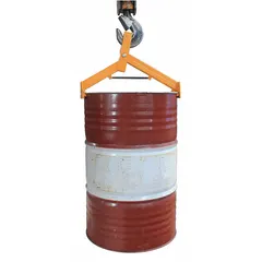 Steel drum lifting hook with two grip points for vertical handling of 30-gallon fiber, metal, or plastic drums. Yellow finish. Engages the drum rim for secure lifting in material handling operations.