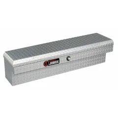 Aluminum side-mount truck box in silver finish with cam-action latch. Provides secure, weather-resistant storage for tools and equipment on commercial trucks. Suitable for construction, maintenance, and fleet applications requiring lockable side storage.