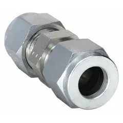 Steel double-ferrule compression fitting union for connecting two tubes of the same outside diameter. Features 3/8 in OD tube size and 9/16-20 thread. Suitable for industrial fluid systems requiring leak-tight tube connections.