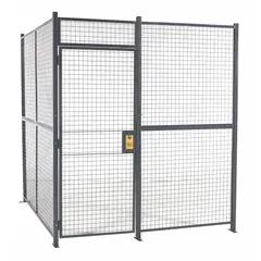 This woven-wire security cage measures 12 ft wide by 12 ft deep by 8 ft high, with three sides and a gray enamel finish. It includes a hinged door that swings outward and is equipped with a keyed different cylinder lock. The cage is supplied without a ceiling panel. Typical applications include securing inventory, tools, or equipment in industrial or warehouse environments.