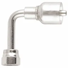 Steel 90° long elbow crimp hose fitting with ORS (O-Ring Seal) connection. Female x genderless configuration, thread size 0.511"-27, for -4 hose dash size. Used in hydraulic fluid power systems for leak-resistant sealing in high-pressure applications.